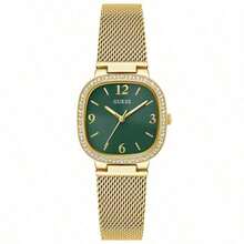 GUESS Women's Watch, Elegant Gold & Green Tone Luminous Luxury Mila Cushion-Shaped Crystal-Embellished Glowing Hands, Premium Gold Mesh Strap, Skin-Friendly, Suitable For Formal Occasions, Social Events, Anniversary, Office, Goddess, Sparkling Appearance, High-End Birthday Gift, Water Resistant - GW0354L5 - Green - View 12