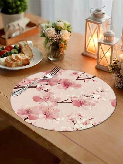 4件/6件装粉色梅花图案圆形餐垫，家居装饰，中式风格，亚麻质感，适合室内/室外聚会，复古主题装饰，春夏家居厨房装饰