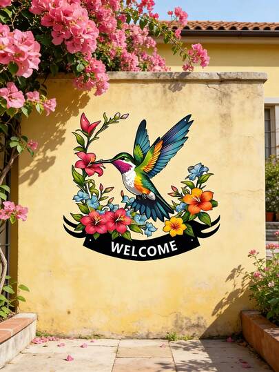 2D Flat, 1pc Metal Welcome Sign With Bird & Floral Design, Personalized Wall Art, Colorful Metal Decor, Vibrant Design For Garden, Patio, Living Room - No Power Needed, Easy To Hang, Outdoor Decoration