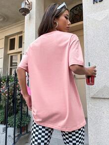 Men's Popular Pink T-Shirt, Loose Fit With Letter Print, Breathable, Casual, Short Sleeves, Full Street Art Style. T-Shirt With Japanese-Style Landscape Graffiti, Unique Aesthetic. - 粉色 - 查看 2