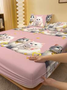 2/3 Pcs Printed Fitted Sheet Set, Bedding, Bed Sheet Set, Halloween Decor, Fall Decor, Soft And Comfortable Bedding, Room Decor, Christmas Decoration, Skin-Friendly Bed Cover Set For All Season, Halloween Gift, Mattress Protector For Bedroom, Fits For Twin Full King Queen Size Bed, 1 Fitted Sheet And 2 Pillowcases, Machine Washable - 貓咪 - 查看 1