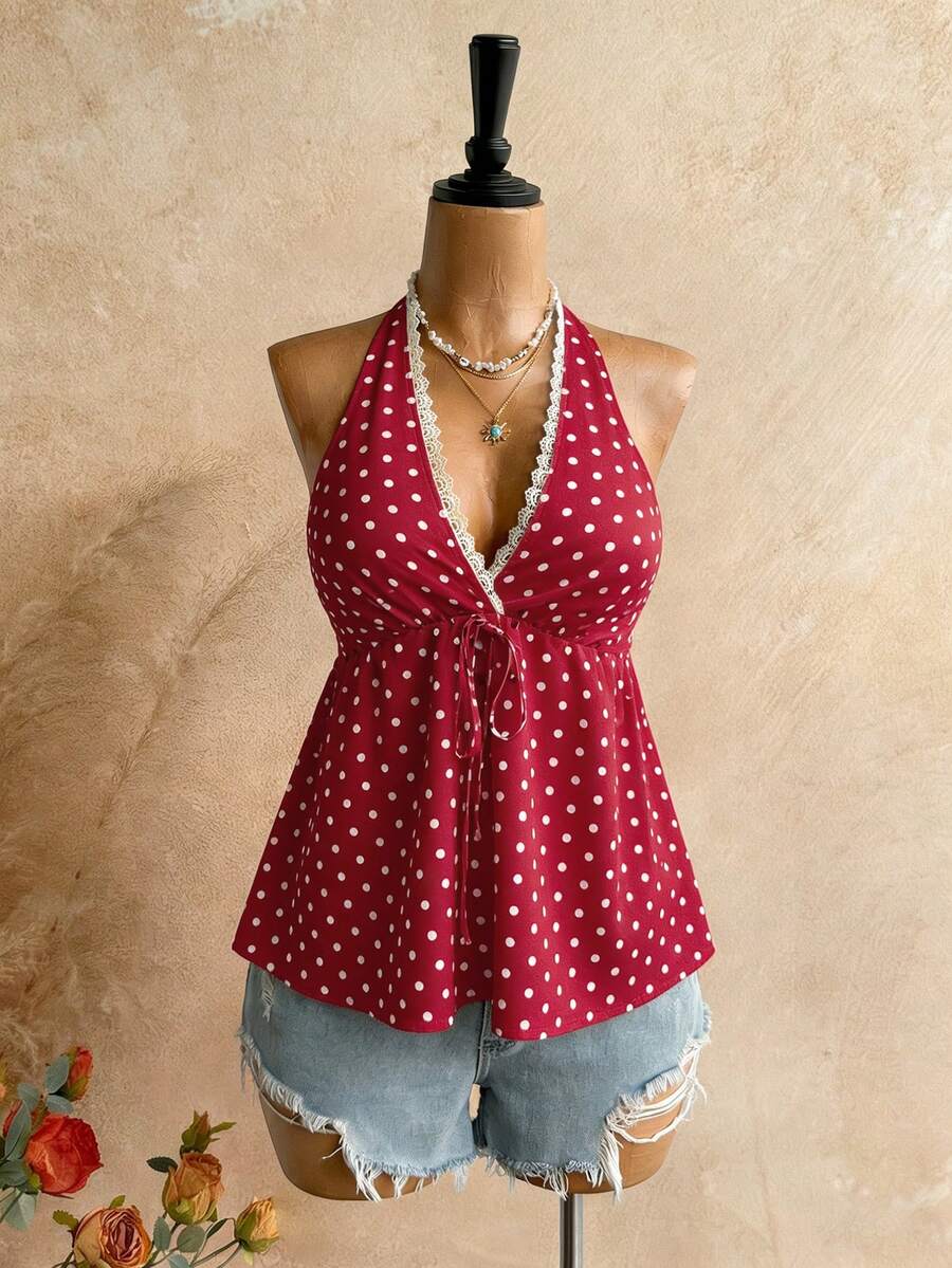 女士V领露背吊带背心，休闲豹纹度假上衣，波西米亚风格，适合海滩、旅行及其他夏季场合 - 紅色 - 查看 1