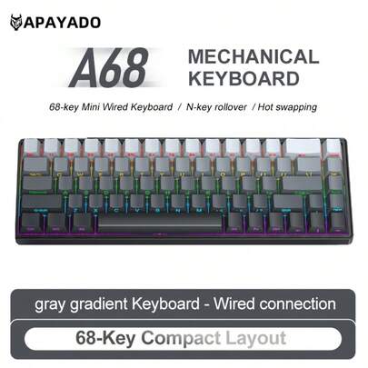 APAYADO Teclado Mecânico de Jogos com Fio USB A68, Teclado Mini com Iluminação de Bottom RGB 68 Teclas, Totalmente Intercambiável com Chave Vermelha/Azul, Design Compacto Ergonômico de 60% para E-Sports, Escritório, Digitação