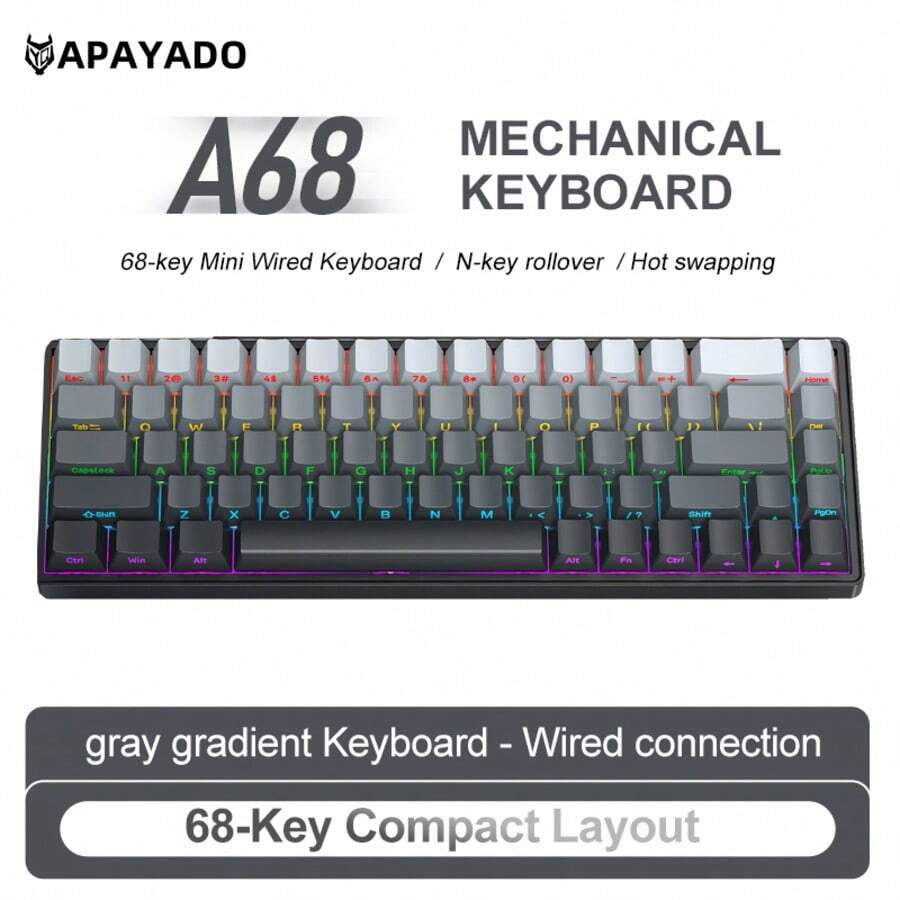APAYADO USB有线机械游戏键盘A68,RGB背光迷你键盘,68键,全热插拔红/青轴,60%紧凑型人体工学设计,适用于电竞、办公、打字 - 查看 1