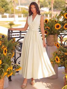 ADYCE 优雅V领无袖高腰蝴蝶结A字中长款派对礼服，适合舞会、生日派对、晚宴、约会、正式晚宴、家庭度假、春季婚礼等场合。 - 杏色 - 查看 1