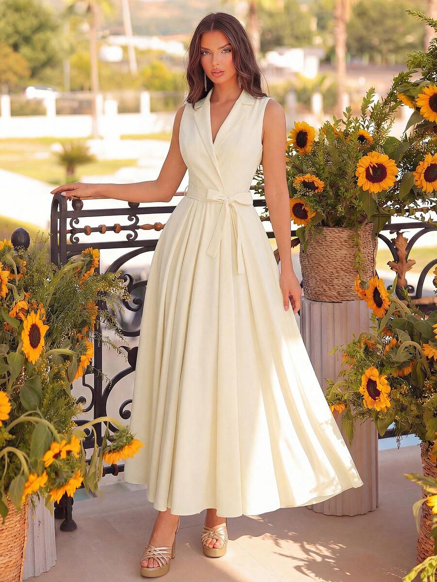 ADYCE 优雅V领无袖高腰蝴蝶结A字中长款派对礼服，适合舞会、生日派对、晚宴、约会、正式晚宴、家庭度假、春季婚礼等场合。 - 杏色 - 查看 1