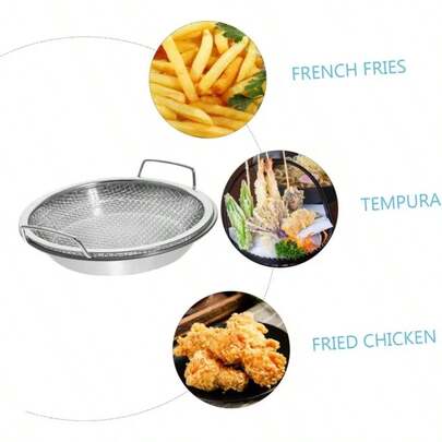 1pc/2pcs Stainless Steel Round Oil Strainer Basket, Heavy Duty Frying Oil Draining Rack With Tray, Reusable Mesh Basket - Ideal For Frying And Grilling, Kitchen Strainer, Outdoor Camping BBQ Gear, Durable And Easy To Clean, No Electricity Or Magnesium Rod/Flint Required, Collapsible Round Metal Mesh Basket With Drip Tray, Suitable For Frying, Washing Dishes, Dishwasher