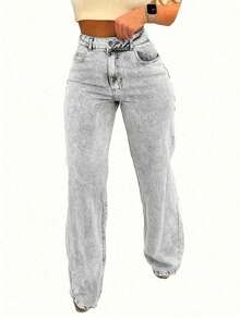 Plus Size Women Straight Leg Loose Casual Jeans With Pockets Spring - Grey - View 5