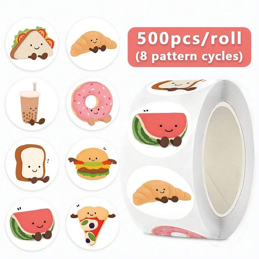 500张/卷 可爱食物插画贴纸，卡通甜甜圈、面包、三明治、汉堡贴纸，手工制作礼品包装不干胶标签，烘焙封口贴纸，甜点包装标签 - 卡通 - 查看 1