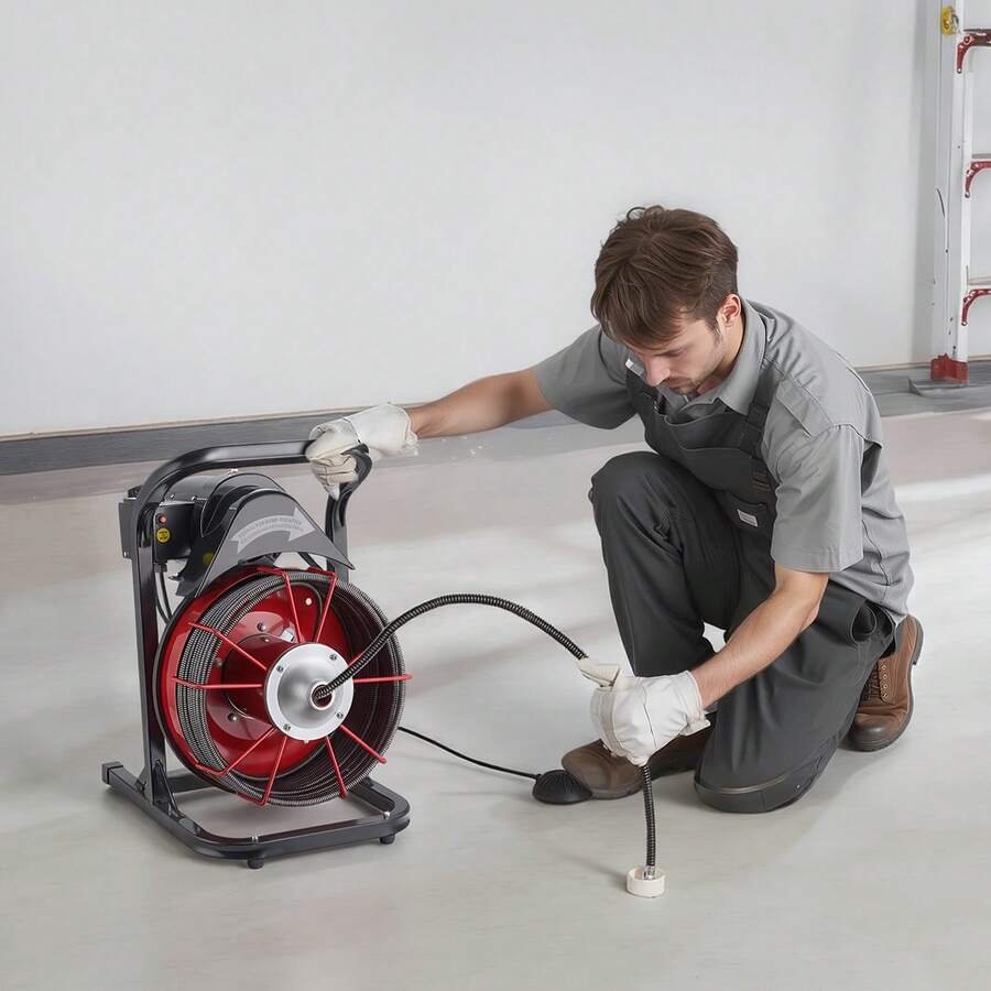 Drain Cleaner Machine 75 FT X 3/8 Inch, Sewer Snake Auger Manual Feed With 4 Cutters & Air-Activated Foot Switch For 2" To 4" Pipes - 75 FT X 3/8 Inch - View 1