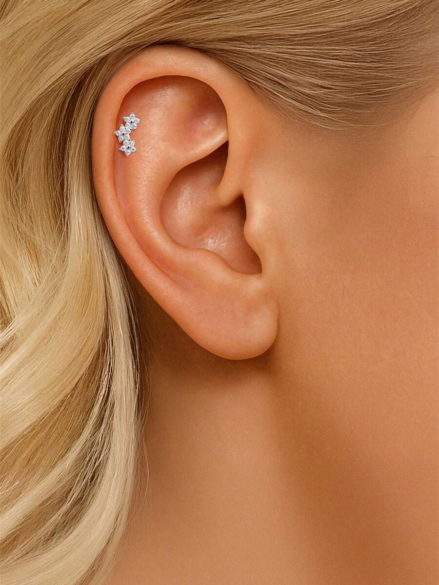 1 chiếc khuyên tai sụn bạc 925 cao cấp, đính đá Moissanite hình cánh hoa, mặt phẳng, không gây dị ứng, thích hợp làm quà tặng cho nữ và bé gái, đeo hàng ngày, dự tiệc, đám cưới. - Bạc - Xem 1