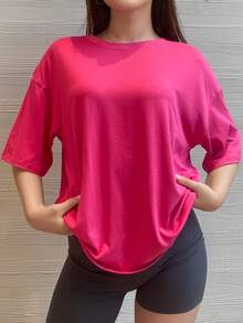 Kaos Olahraga Lengan Pendek Warna Hitam Polos Kasual Longgar - Hot Pink - View 2