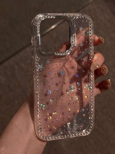 1个奢华电镀水钻镶边透明防震手机壳，闪亮星形设计，兼容 17/17 Air/17 Pro/17 Pro Max、16、16 Pro、16 Plus、16 Pro Max、15、14、14 Pro Max、13、12、11，全方位保护
