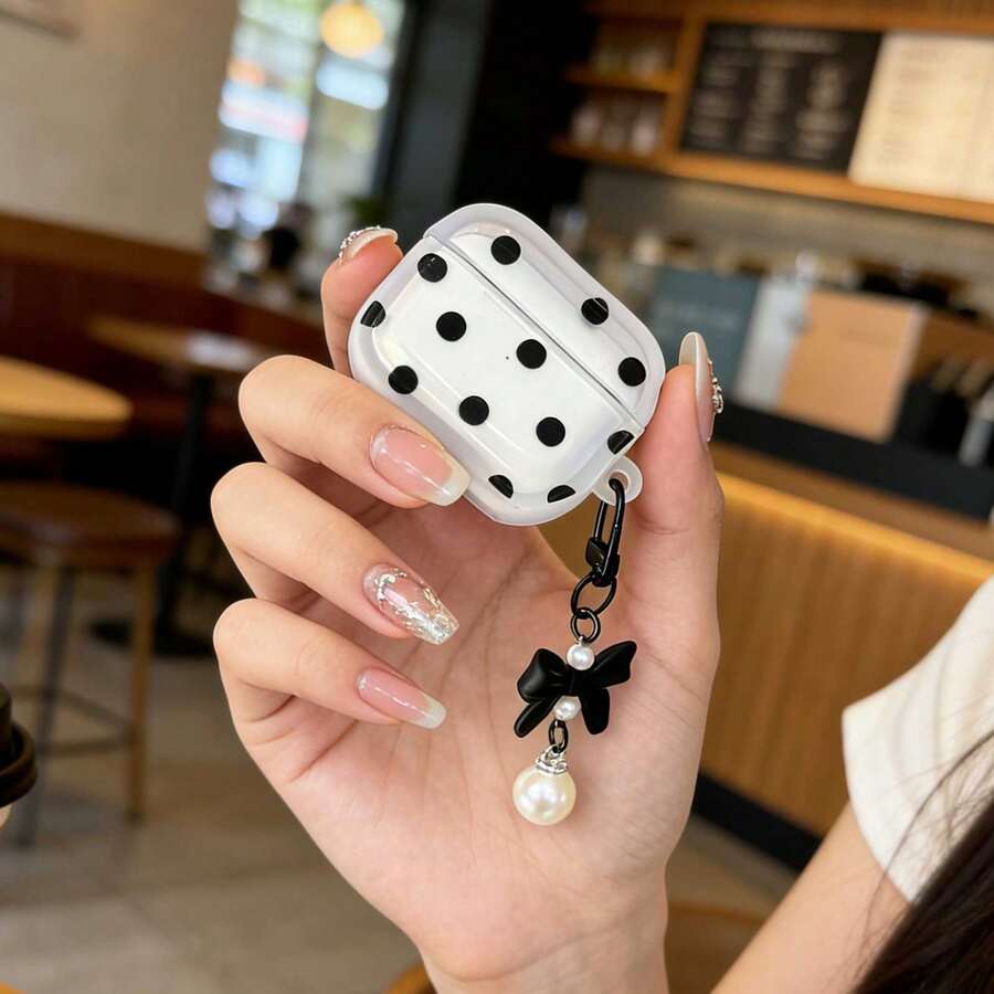 Black Polka Dot Cream Ruffle Edge Earphone Case With Pearl Bow Charm, Compatible With Apple 1/2, Pro, 3, Pro 2, 4, Pro 3 Bluetooth Earphone Charging Case - Black - View 1