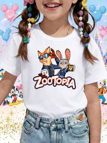 Disney DIS Zoo Nick Wilde Judy Hopps Partners Printed Pattern T-Shirts For Girls - Children's Clothing Design Short-Sleeved Casual And Cute Style Comfortable And Casual Wear All Year Round Suitable For Parties And Play Machine Washable Gift Children's Clothing Girls' Short-Sleeved Shirts - White - View 1