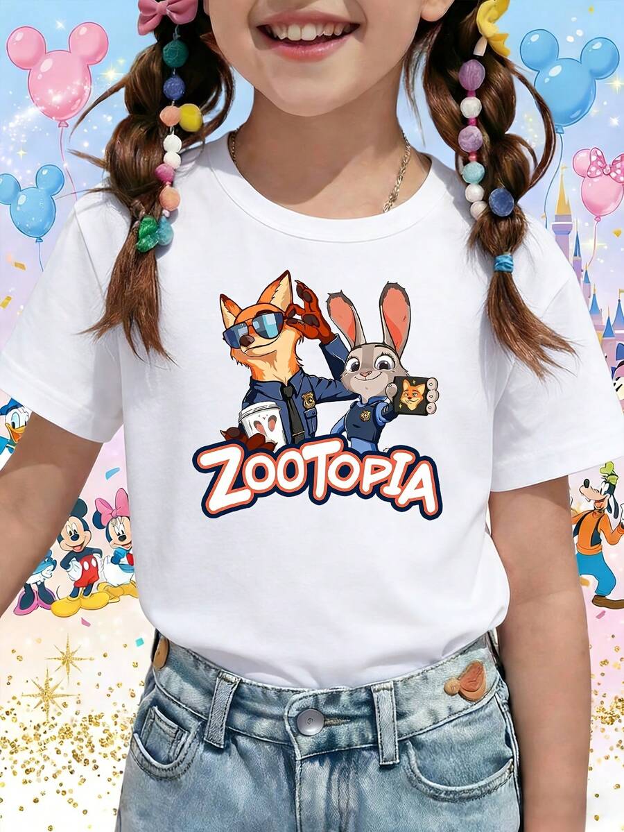 Disney DIS Zoo Nick Wilde Judy Hopps Partners Printed Pattern T-Shirts For Girls - Children's Clothing Design Short-Sleeved Casual And Cute Style Comfortable And Casual Wear All Year Round Suitable For Parties And Play Machine Washable Gift Children's Clothing Girls' Short-Sleeved Shirts - White - View 1