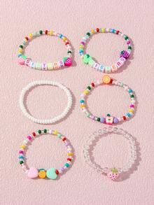 6pcs/Set Heart & Letter Beaded Fruit Polymer Clay Bracelet Set, Suitable For Girls Summer Holiday Wear, Birthday Gift, Random Colors - Multicolor - View 7