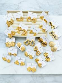 20pcs Gold Stainless Steel Earring Set, Geometric Flower/Heart/Shell Designs, 18K Gold-Plated Hypoallergenic Minimalist Fashion Earrings, Comfortable And Versatile, Perfect For Women's Daily Wear Or As An Ideal Gift - Multicolor - View 5