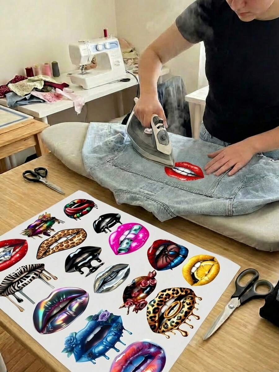 Plantilla de Stickers DTF Planchables para Ropa y Telas con Diseños de Labios Variados, Transfer Direct to Film para Personalizar Playeras, Sudaderas, Bolsas y Accesorios de Tela, Stickers Textiles Decorativos para DIY, Manualidades y Personalización de Prendas, Diseños Creativos y Modernos - A - Ver 1