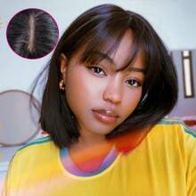 Peluca bob corta con flequillo, cabello humano 4X4 encaje sin pegamento, peluca bob lista para usar de cabello humano de 12 pulgadas de color negro natural, pelucas de cabello humano brasileño Remy para uso diario de mujeres - SNatural - Ver 2