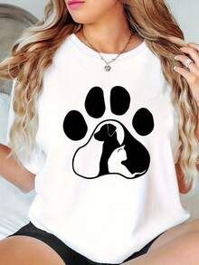 Women'S Casual Sports T-Shirt, Round Neck, Short Sleeves, Cat And Dog Paw Print Pattern Print, Comfortable Summer Holiday Top - White - View 6