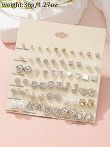 30 Pairs/Set Casual Flower, Heart, Square Faux Pearl Metal Rhinestone Stud Earrings Set, Daily Wear Jewelry Gift - Silver - View 5