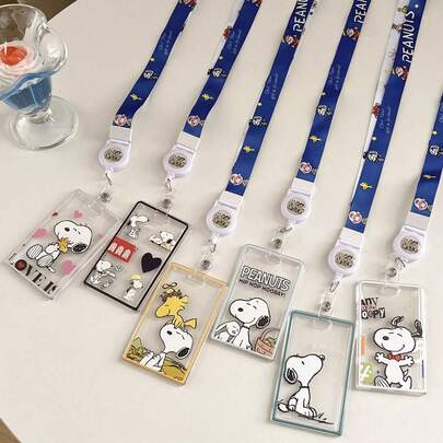 1 pieza Titular de tarjetas expandible con patrón de dibujos animados de Peanuts al azar, estuche para tarjetas de oficina/transporte, regalo de Navidad para compañeros de trabajo, decoración navideña, relleno de calcetín navideño (patrón aleatorio)