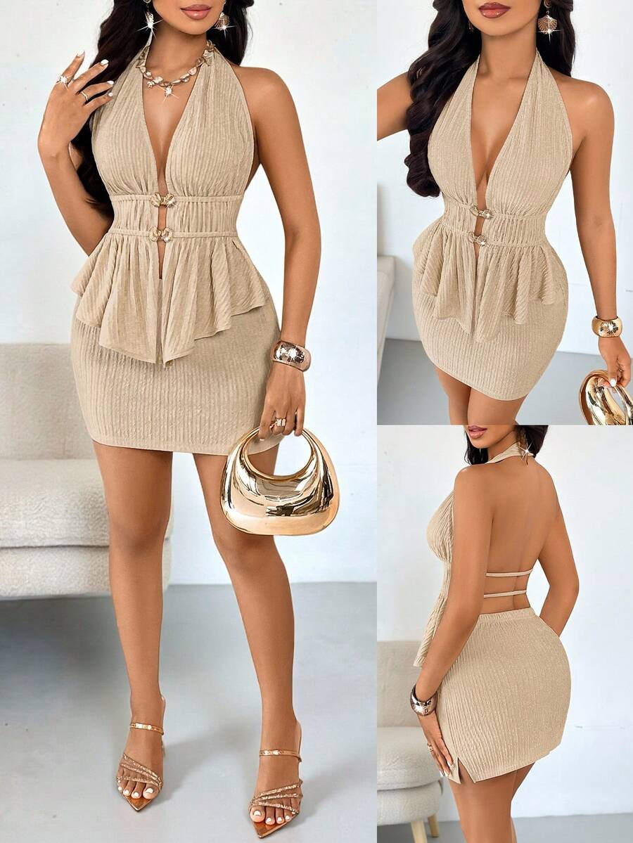 AIJ Amarilo Women's New 2-Piece Set For Summer, Solid Color Textured Fabric, Off-Shoulder Neckline, Hollow Out Pleated Cardigan Paired With Split Hem Skirt Set - Apricot - View 1