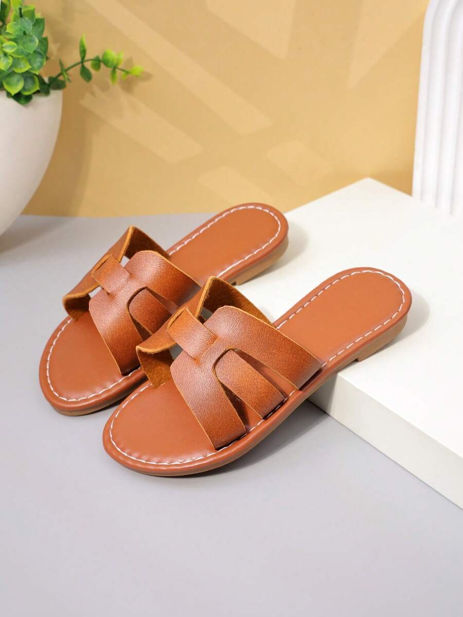 Dép lê dệt giả da màu nâu cho bé gái, kiểu dáng retro hở mũi, giày hè thường ngày cho trẻ em. - trái cam - Xem 1