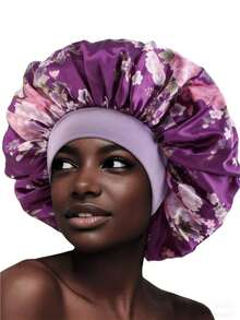 CONFLASS 4pcs Multicolor Floral Satin Sleep Cap Set, Women's Elastic Wide Band Hair Cap, Women's Wide Band Satin Sleep Cap, Suitable For Hair Beauty, Care, Chemotherapy, Curly Hair, Random Color Delivery - Multicolor - View 5