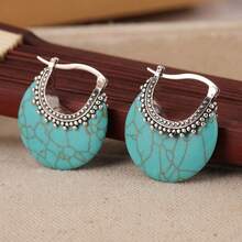 1 Đôi bông tai khoen tròn kiểu Bohemian thanh lịch, được trang trí bằng đá ngọc lam nhân tạo, là phụ kiện lý tưởng cho các bữa tiệc và tụ họp, cũng như là món quà tuyệt vời cho các lễ hội. - Màu xanh lam - Xem 6