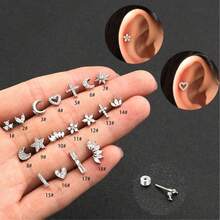 1 chiếc khuyên tai hình xương cá bằng thép titan đính đá Zirconia siêu nhỏ, kiểu dáng hoa, trăng, sao, trái tim, thánh giá, vương miện, quà tặng Ngày Valentine, quà tặng Ngày của Mẹ. - Bạc mới - Xem 3