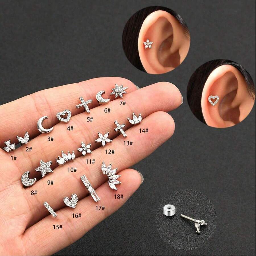 1 chiếc khuyên tai hình xương cá bằng thép titan đính đá Zirconia siêu nhỏ, kiểu dáng hoa, trăng, sao, trái tim, thánh giá, vương miện, quà tặng Ngày Valentine, quà tặng Ngày của Mẹ. - Bạc mới - Xem 1