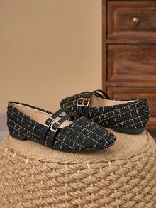WHDXY Giày cao gót đế thấp mũi vuông kiểu Mary Jane kẻ caro vải tweed dành cho nữ, phù hợp cho công sở, đi làm, hẹn hò và mặc hàng ngày. - màu đen - Xem 6