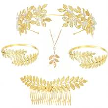 5pcs Greek Goddess Style Costume & Accessories Set, Including Leaf Crown, Headband, Bracelet, Earrings, Bridal Headpiece, Halloween Theme - Multicolor - View 3