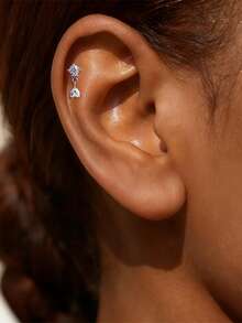 1 chiếc khuyên tai bạc 925 cao cấp, kiểu dáng thanh lịch, hình trái tim tua rua đính đá Moissanite, mặt phẳng, thích hợp cho xỏ khuyên sụn tai. Trang sức không gây dị ứng, quà tặng cho phụ nữ và bé gái, thích hợp đeo hàng ngày, dự tiệc, đám cưới. - Bạc - Xem 1