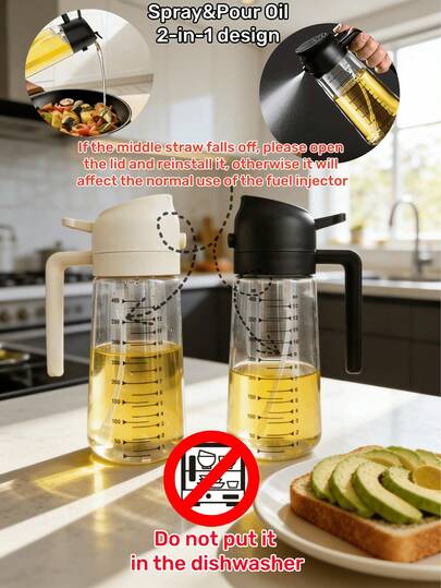 1 chai xịt dầu cầm tay 2 trong 1 bằng chất liệu PP, kết hợp chức năng xịt và rót, thích hợp để xịt dầu ô liu và tách dầu, có đế chống trượt, chai tách dầu nhà bếp, bình xịt dầu, thích hợp sử dụng trong nhà bếp, nướng BBQ, nấu ăn, nồi chiên không dầu, làm bánh, làm salad, cũng có thể dùng để phun tưới cây, vệ sinh nhà cửa, màu sắc ngẫu nhiên.
