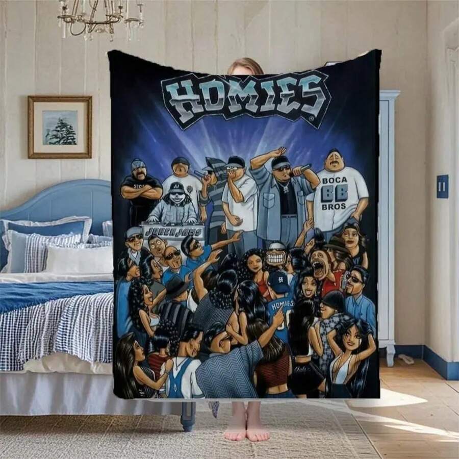 Homies David Gonzales Patterned Fleece Blanket - 100% Polyester, Soft For Sofas, Chairs, And Couch Covers, Large Size For Living Rooms, Bedrooms, Picnic Decor, Versatile Use Blanket, A Unique Perfect Gift. Christmas Blanket - 黑色 - 查看 1
