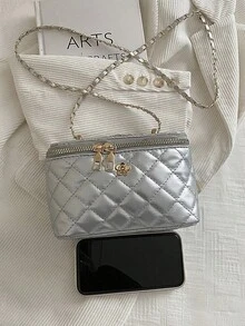 1pc New Minimalist Casual Versatile Embroidered Box Bag, Lunch Box Crossbody Bag, Popular Small Shoulder Bag For Holiday Season - Silver - View 10