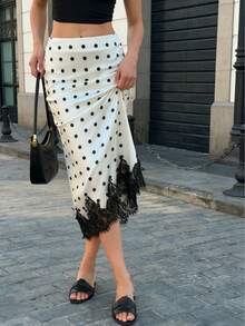 Women's Satin Polka Dot Contrast Lace High Waist Midi Skirt, Elegant Fashion With Eyelash Lace Hem, Perfect For Date Night - 白色 - 查看 3
