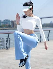 YEOREO Flare Leggings With Pockets For Women Butt Lifting Gym Yoga Leggings Flare Leggings Joggers For Women Summer Clothes For Women - 淺藍 - 查看 4