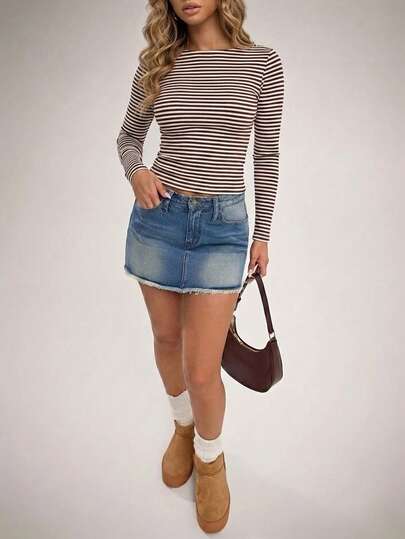 Women's Brown And White Striped Knit Long Sleeve Boat Neck Fitted Cropped Top, Y2K Style Casual Sexy Daily Outing Top, Classic Striped Fitted Long Sleeve T-Shirt - Versatile Daily Basic, Summer Outfits, Vacation Outfits For Women, Summer Outfits For Women, Spring Outfits For Women, Tops, Club Outfits For Women