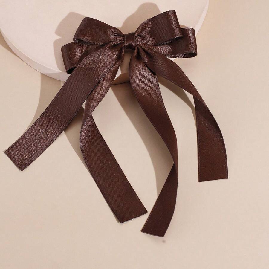 1pc Elegant Satin Ribbon Bow Large Streamer Hair Clip, Suitable For Daily Wear, Party And Holiday - Coffee - View 1