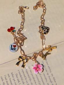 1pc Sakura Leopard Print Charm Necklace, Leopard Bow Heart Necklace, Leopard Cross Necklace, "Love Yourself" Slogan Memorial Necklace, Cute Red Cherry Necklace - Gold - View 6