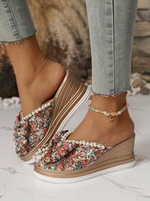 1 Pair Bow Decor Beach Vacation Platform Sandals, Fashionable Thick Sole For Home, Outdoor, Party, Summer - 玫紅色 - 查看 5