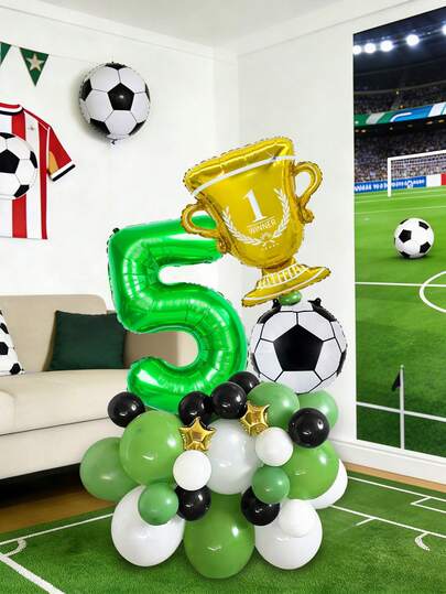 35pcs 1-9 Years Old Birthday Football Balloon Set, Includes Green Number 1-9, Gold 1st Place Trophy, Black And White Footballs, 10-Inch Gold Star Foil Balloon, Green, Black, White Latex Balloons, Suitable For Football Theme Birthday Party, Football Match, Football Field Decoration, Sports Event Theme, Victory Celebration, Sports Theme Party Supplies, Sports Event Party Supplies, Home Decor
