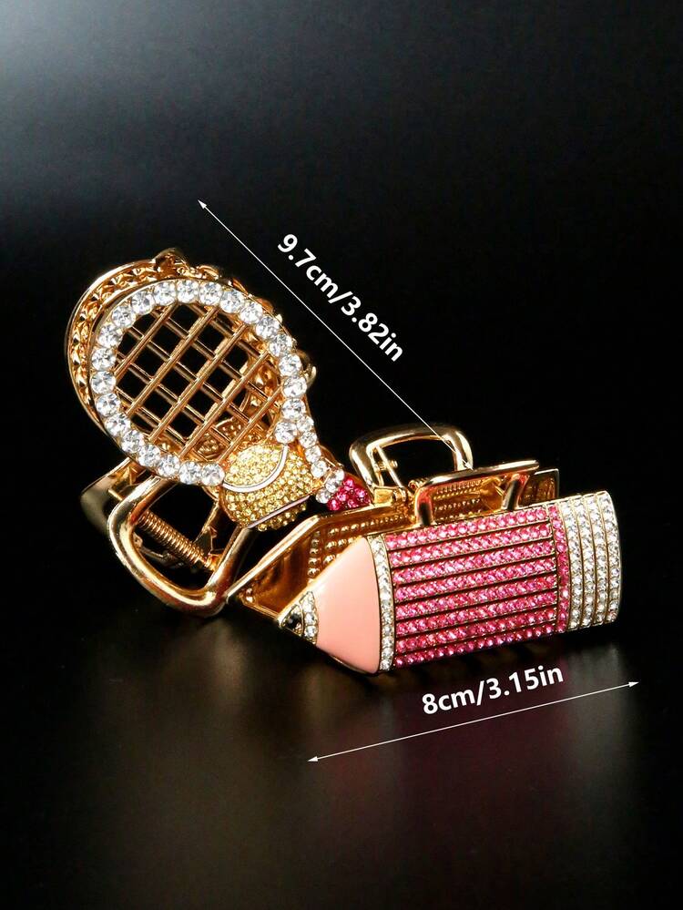 Women's Unique Design Tennis Racket Shaped Rhinestone Decorated Fashion Cute Cartoon Half-Claw Hair Clip Hair Accessory - Multicolor - View 4