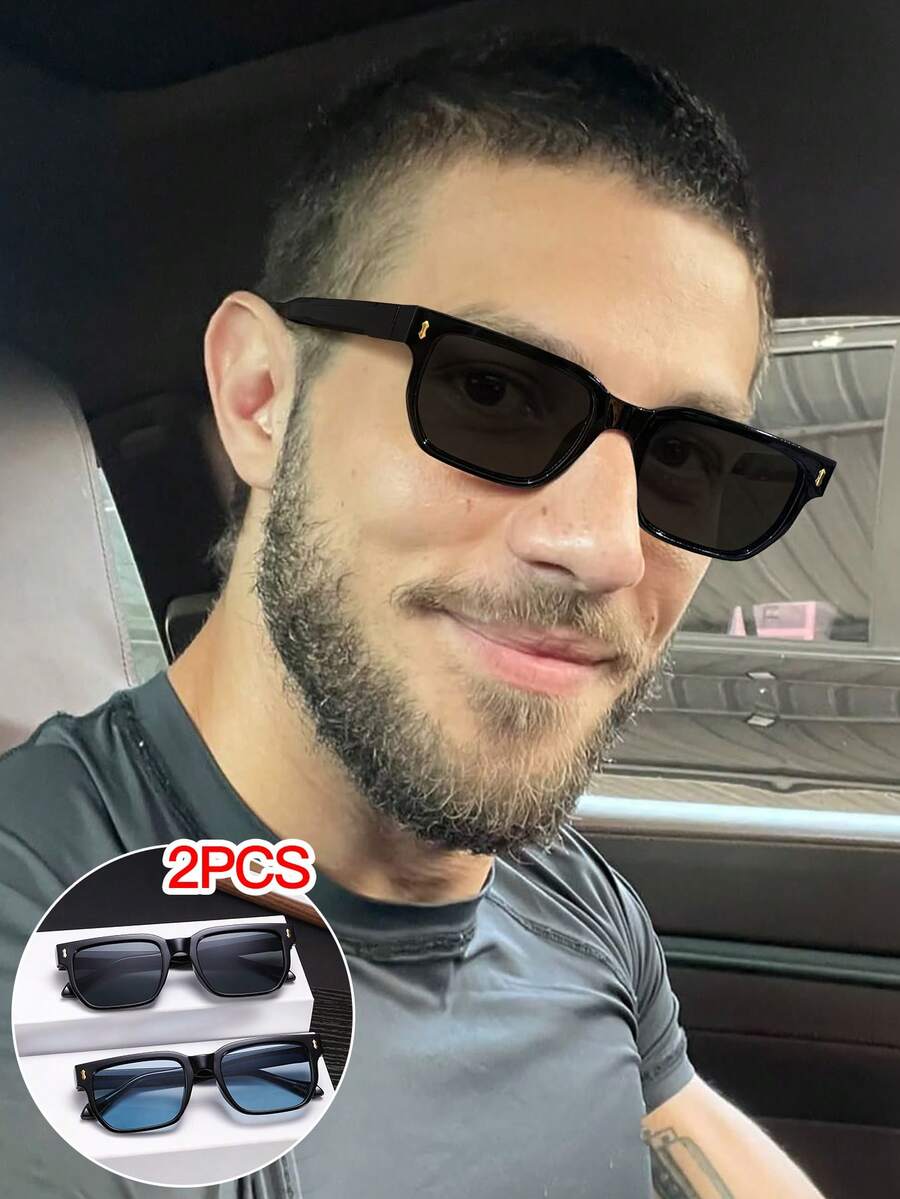 2 PCS Men's Square Fashion Glasses Classic Black Lightweight Frame Soft Tinted Lenses Casual Style Suitable For Commute Driving With Glasses Box