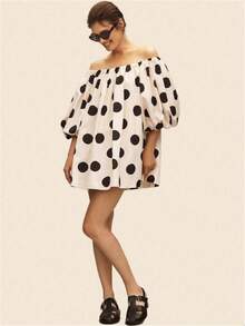 Women's Off-Shoulder Casual Petal Sleeve Loose Mini Dress, Beach Sundress - Black and White - View 4