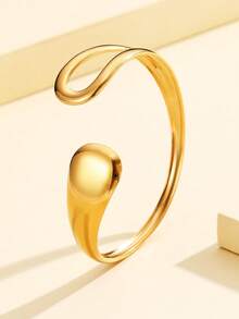 1pc Elegant Vintage Coin Style Thick Heavy Metal Smooth Open Bangle Bracelet, Stainless Steel 18K Gold Plated Geometric Wave Design Dress Accessory, Daily Wear - Geometry - View 11